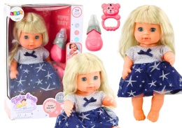 Lean Toys, interaktywna lalka bobas z akcesoriami, siusiająca, granatowa sukienka, 28 cm