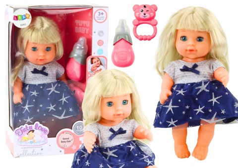 Lean Toys, interaktywna lalka bobas z akcesoriami, siusiająca, granatowa sukienka, 28 cm