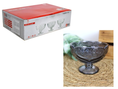 Pucharek szklany 180 ml do deserów, lodów tłoczony wzór kwiaty 10x7 cm SZKŁO DYMIONE szare -