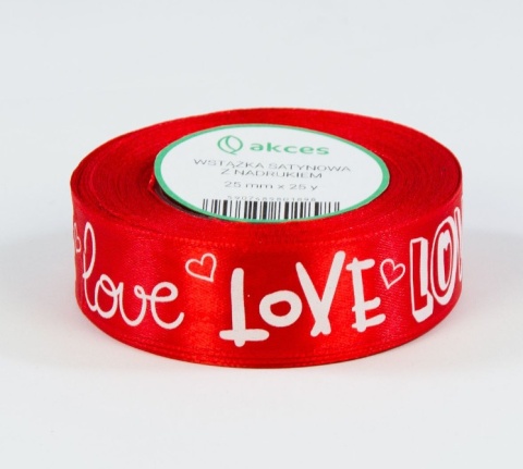 Wstążka satynowa z nadrukiem LOVE CZERWONA 25mm x 23m - 1 szt